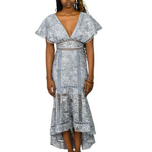 ASOS Midi Dress Grey Embroidery Lace Flutter Sleeve Fishtail Mermaid Formal 0